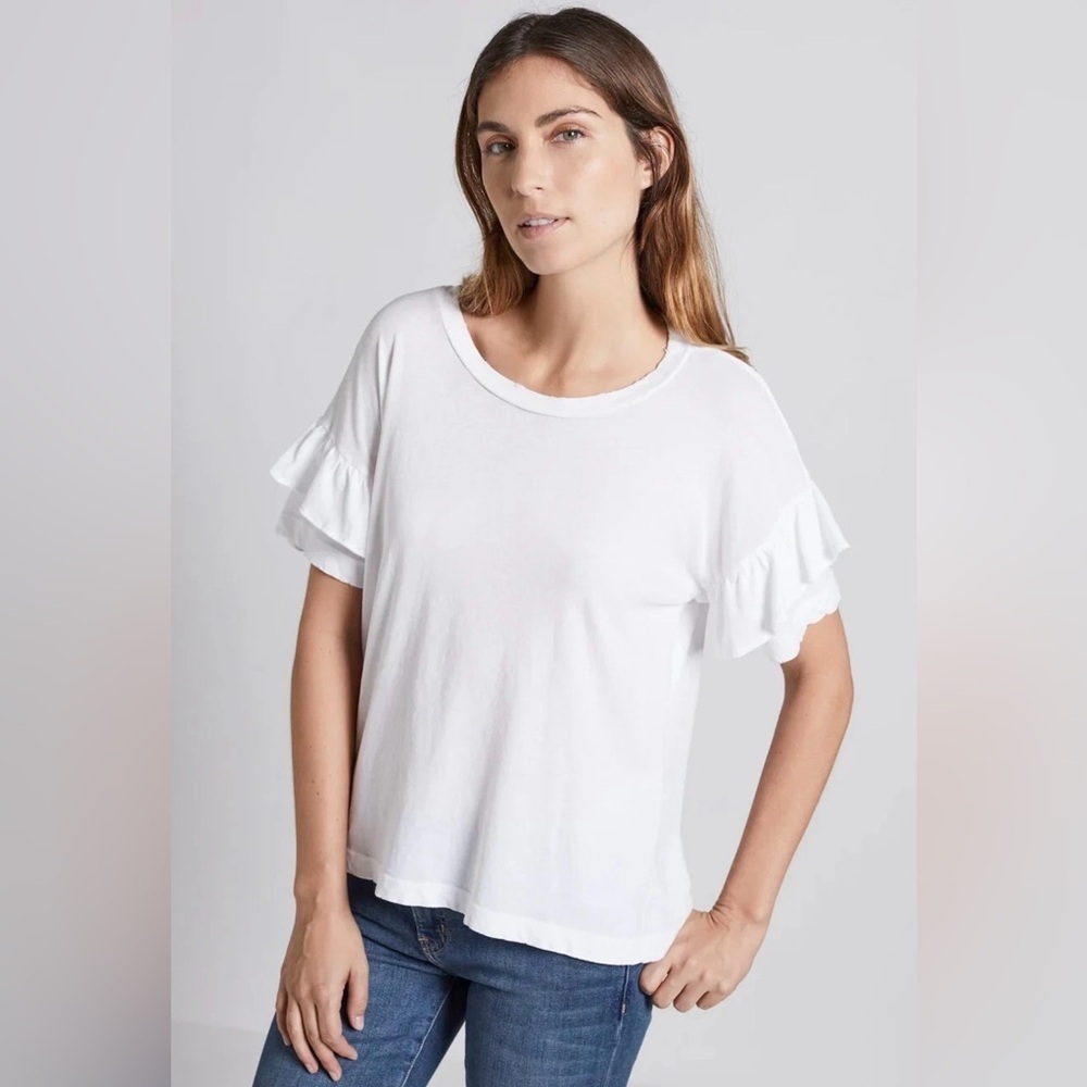 Current/Elliott Roadie White Short Sleeve Ruffle Tee, Distressed Details, X/S-0
